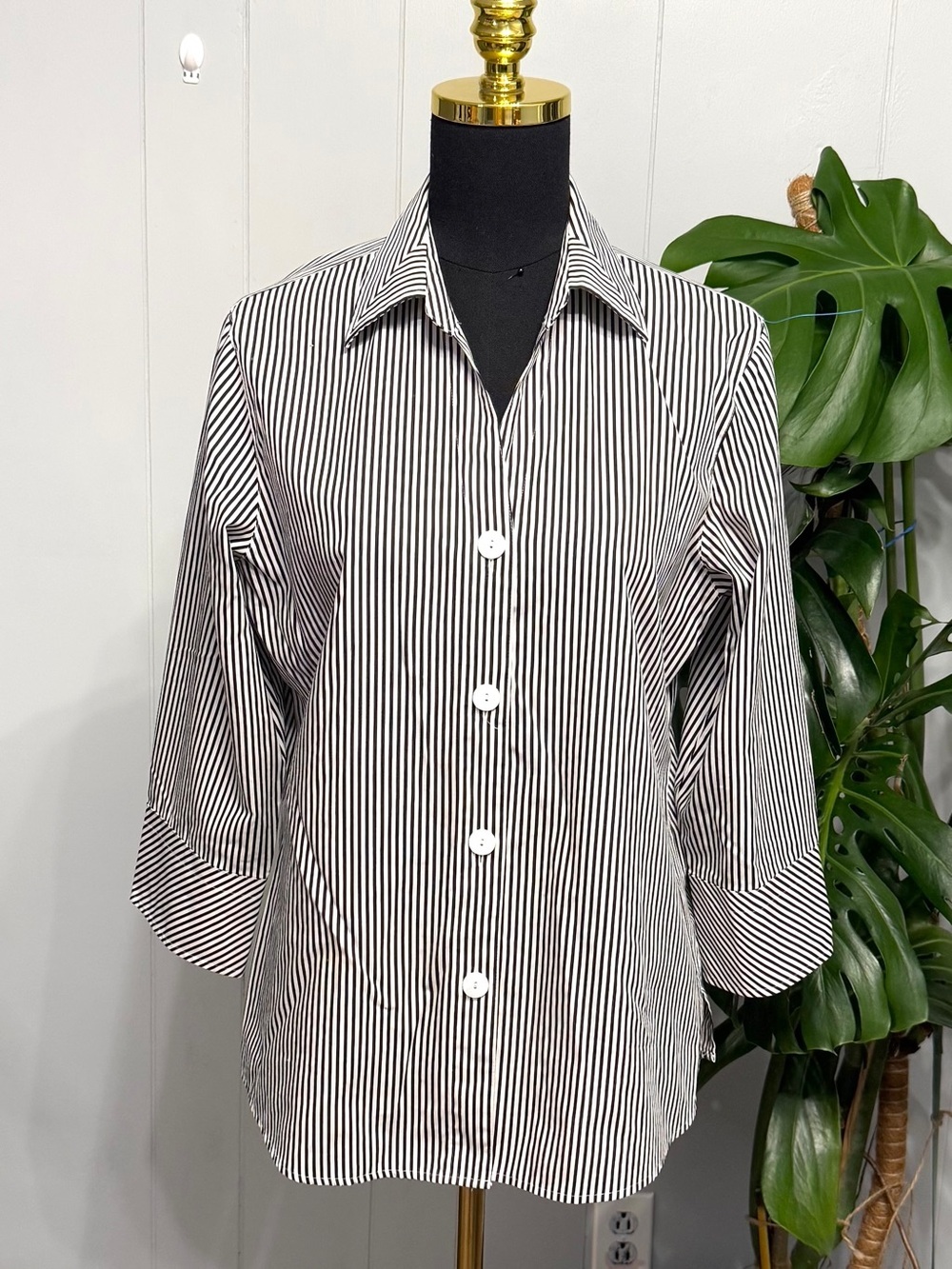 #17)  Foxcroft wrinkle free 100% Cotton Black, Vertical Stripe Button-Down Shirt